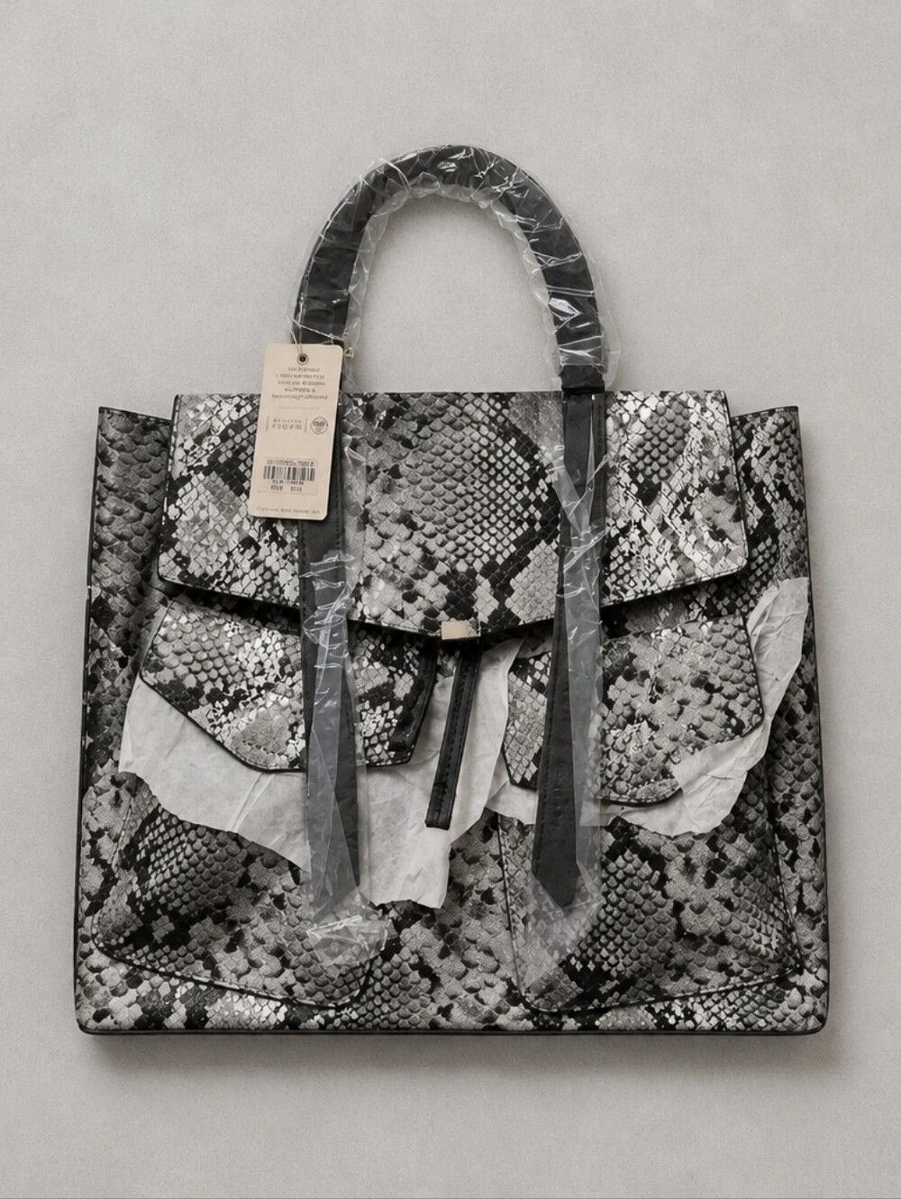 Snake-Print Top-Handle Tote Bag in Black & Gray